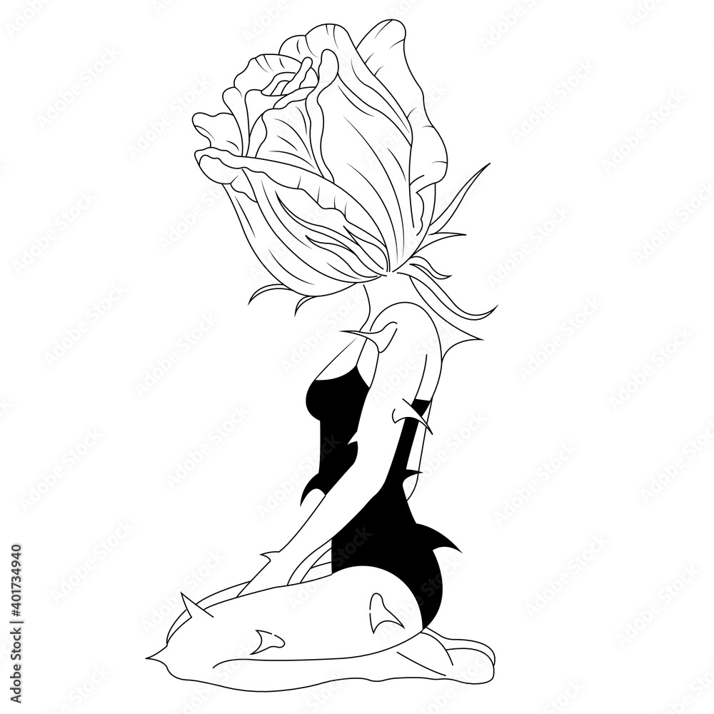 Girl rose with thorns sitting on her knees instead of head rose flower.  Concept of inaccessibility, touchy. Design decor, paintings, company logo,  tattoo minimalism, print, icon. Isolated vector Stock Vector | Adobe
