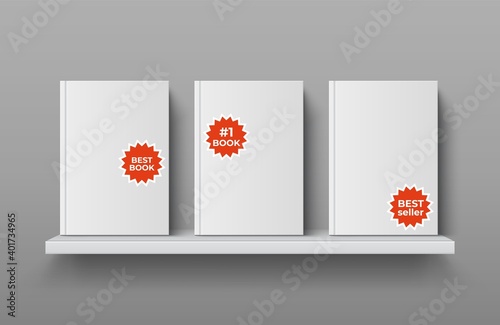Realistic bookshelf with books. 3D textbooks in blank hard cover with bright stickers. Publications presentation. Bookstore advertising mockup. Decorative bestseller badges. Vector literature template