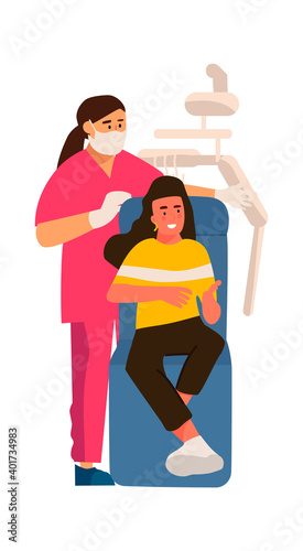 Dentist and patient. Cartoon scene in dental clinic. Woman sitting in special armchair, doctor preparing medical instruments and equipment. Medicine or tooth care. Vector stomatology illustration