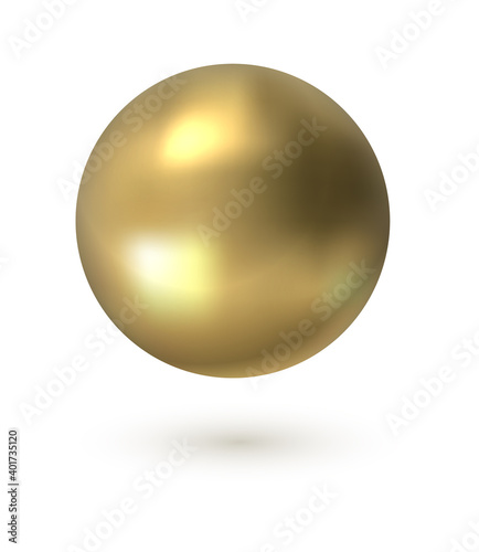 Golden circle. Realistic 3D sphere. Gold smooth surface with light reflection effect. Floating glossy object and shadow on white background. Metallic geometric round shape, vector isolated template