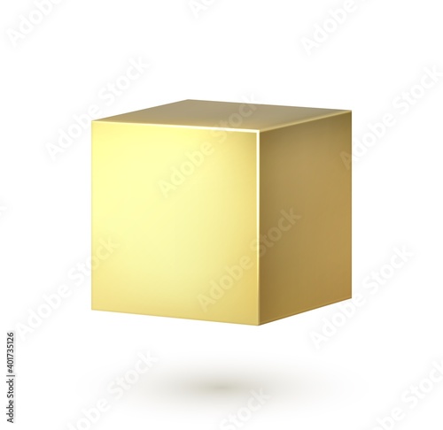 Golden cube. Realistic 3d square shape. Golden box. Smooth surface with overlay light and shadow effect. Geometric sharp-edged form, single object on white background. Vector isolated block template