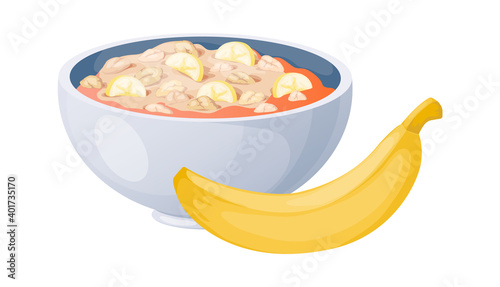 Porridge with bananas. Cartoon oat bowls. Isolated plate with oatmeal or muesli and yellow fruit. Morning food, diet product. Cooking and serving meal. Breakfast healthy menu, vector flat illustration