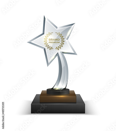 Trophies. Realistic crystal glass award with text. 3D star shaped prize with golden text and olive wreath on square stand. Isolated shiny reward to the winner for quality of product, vector mockup