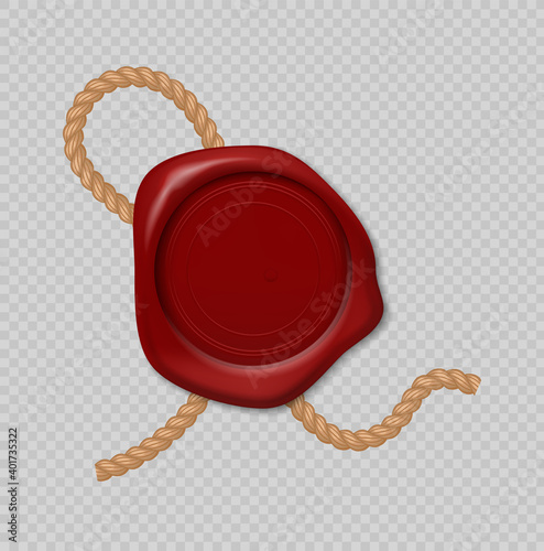 Wax stamp. Realistic red seal with piece of rope on transparent background. 3D round empty imprint for envelopes or parcels, decoration for guarantee letters or certificates. Vector isolated template