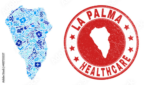 Vector collage La Palma Island map with medical icons, medicine symbols, and grunge health care seal stamp. Red round imprint with grunge rubber texture and La Palma Island map text and map.