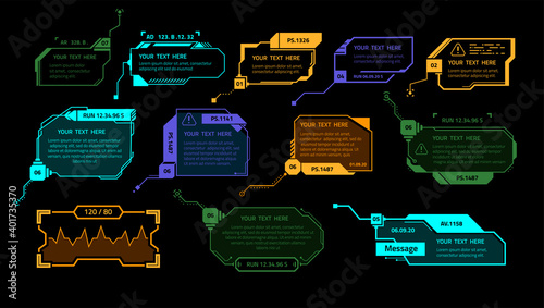 HUD game elements. Luminescent futuristic interface elements design, callout boxes and technology layouts. Abstract visualization shining menu panels vector modern graphic vr dashboards isolated set