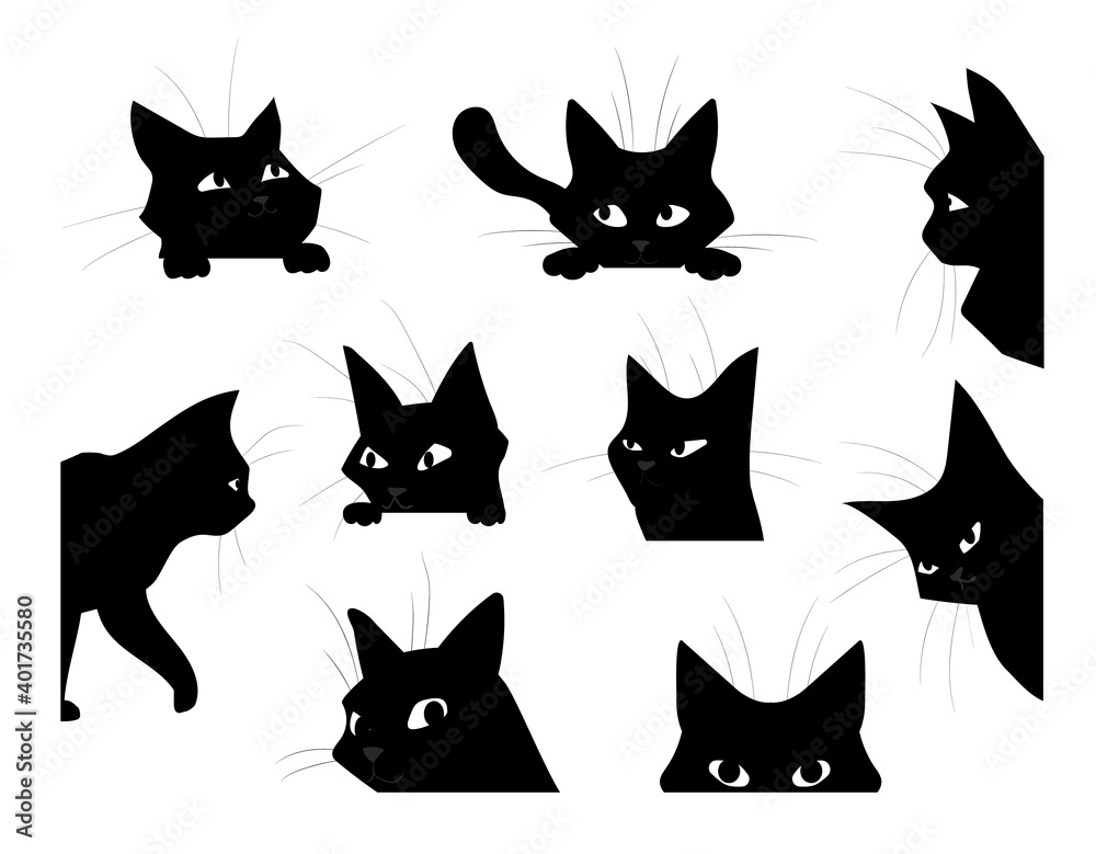 Obraz premium Funny looking cat. Cartoon black pet silhouette, cute kitten playing and spying or hunting. Isolated hand drawn kitty peeking out corners. Decorative template with domestic animal, vector flat set