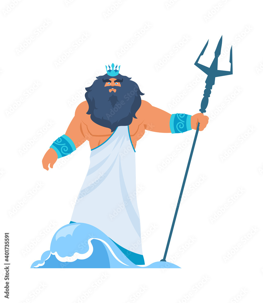 Poseidon or Neptune. Greek god. Cartoon bearded man in toga and crown with  trident. Lord of water or ocean in ancient mythology. Isolated member of  Olympic pantheon. Vector antique religious character Stock