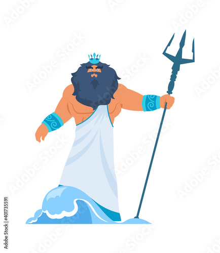 Poseidon or Neptune. Greek god. Cartoon bearded man in toga and crown with trident. Lord of water or ocean in ancient mythology. Isolated member of Olympic pantheon. Vector antique religious character