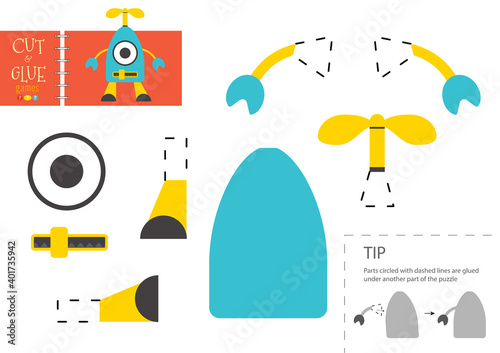 Cut and glue paper toy. Vector robot character for educational activity