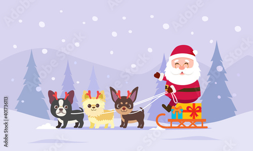 Santa Claus sits on a gift box and a sleigh with a French bulldog, Yorkshire terrier, Chihuahua. Merry christmas cute banner vector