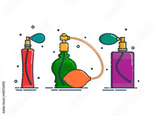 Perfume bottle isolated icon on white background. Three glamour container glass or plastic. Flat style design. Spray system. Female cosmetic business. Graphic outline object