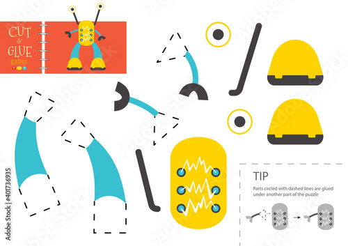 Cut and glue paper toy. Vector robot character for educational activity