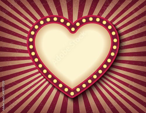 Brightly glowing heart retro cinema neon sign. Saint Valentine Day circus style show banner template. Background vector poster love image