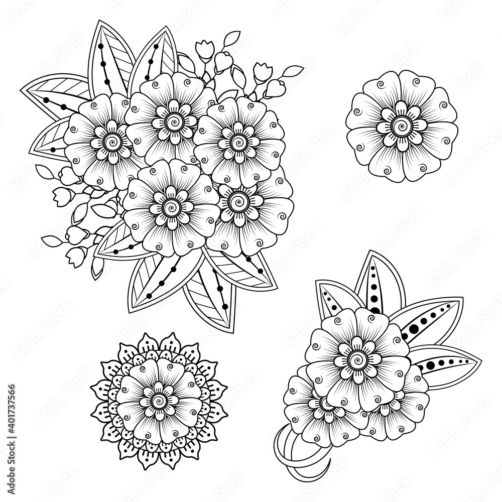 Mehndi flower decoration in ethnic oriental, indian style. doodle ornament. outline hand draw illustration. coloring book page. Mehndi flower decoration in ethnic oriental, indian style. doodle ornament. outline hand draw illustration. coloring book page.