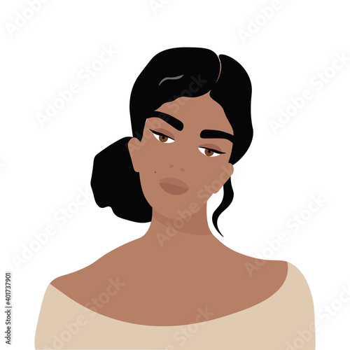 Smiling beautiful girl with 
tanned skin. Nice vector flat illustration on a white background for the design of materials about cosmetics, skin, personal care. Portrait of latina girl with long hair.
