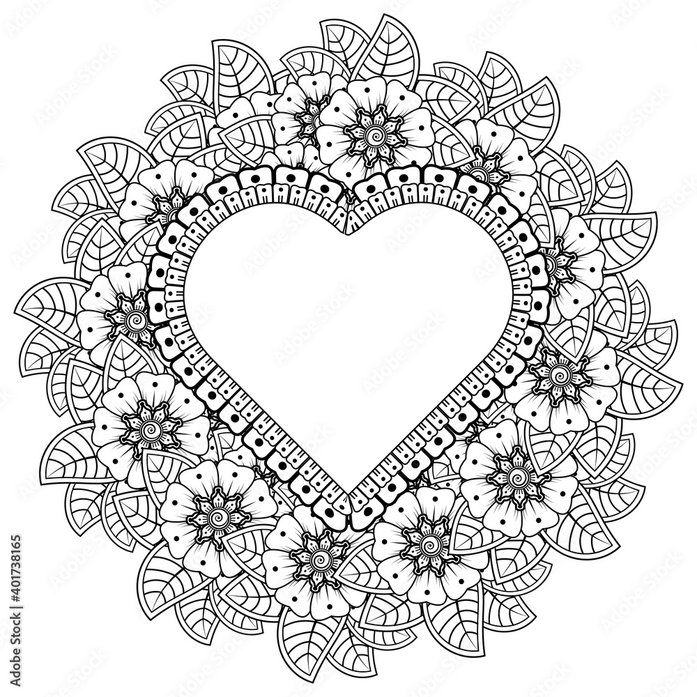 Circular pattern in form of mandala with frame in shape of heart. Decorative ornament in ethnic oriental mehndi style. Circular pattern in form of mandala with frame in shape of heart. Decorative ornament in ethnic oriental mehndi style.