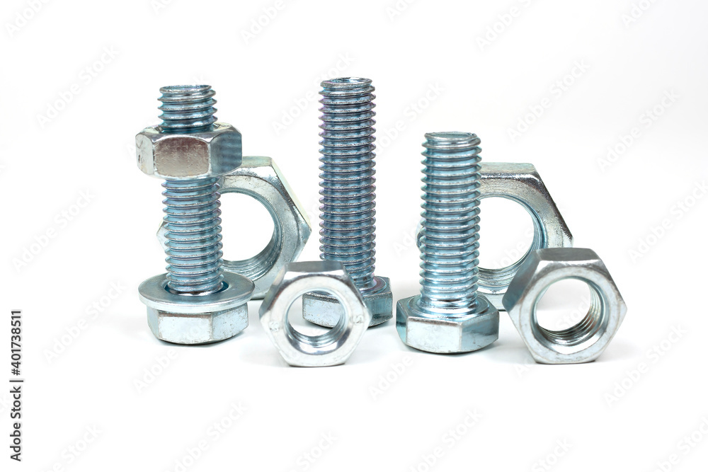 metal bolts and nuts on a white background metal bolts and nuts on a white background
