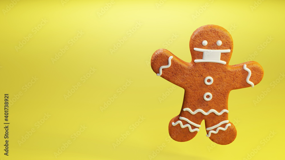 gingerbread man cookie with face mask on yellow background gingerbread man cookie with face mask on yellow background