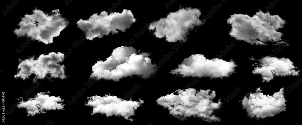 Set of white clouds isolated on black background. Set of white clouds isolated on black background.
