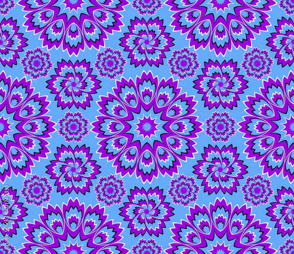 Blue wrapping paper with magic flowers. Optical illusion of movement. Seamless pattern. Blue wrapping paper with magic flowers. Optical illusion of movement. Seamless pattern.