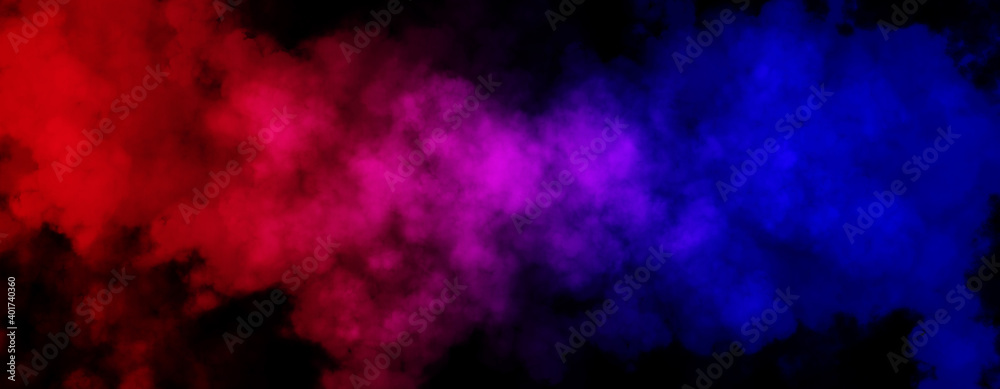 Abstract image of Fog or smoke with red and blue lighting effect in black background.