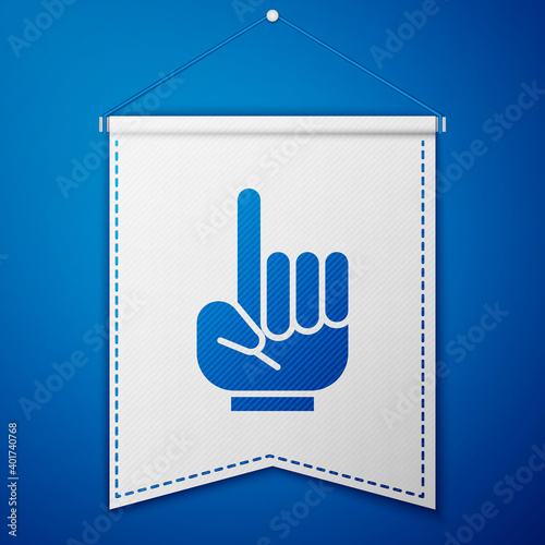 Blue Number 1 one fan hand glove with finger raised icon isolated on blue background. Symbol of team support in competitions. White pennant template. Vector Illustration.