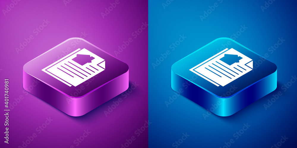 Isometric House contract icon isolated on blue and purple background. Contract creation service, document formation, application form composition. Square button. Vector Illustration. Isometric House contract icon isolated on blue and purple background. Contract creation service, document formation, application form composition. Square button. Vector Illustration.