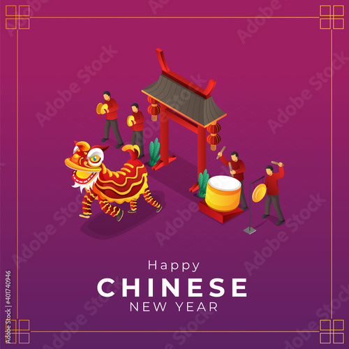 Isometric chinese new year lion dance greeting card