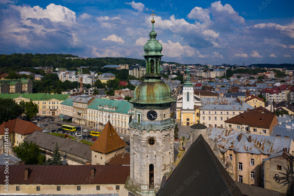 Obraz premium Aerial view on Bernardine church in Lviv from drone