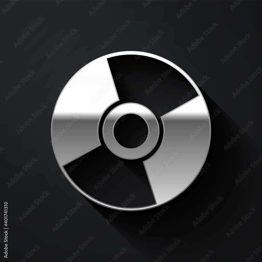 Silver CD or DVD disk icon isolated on black background. Compact disc sign. Long shadow style. Vector Illustration. Silver CD or DVD disk icon isolated on black background. Compact disc sign. Long shadow style. Vector Illustration.