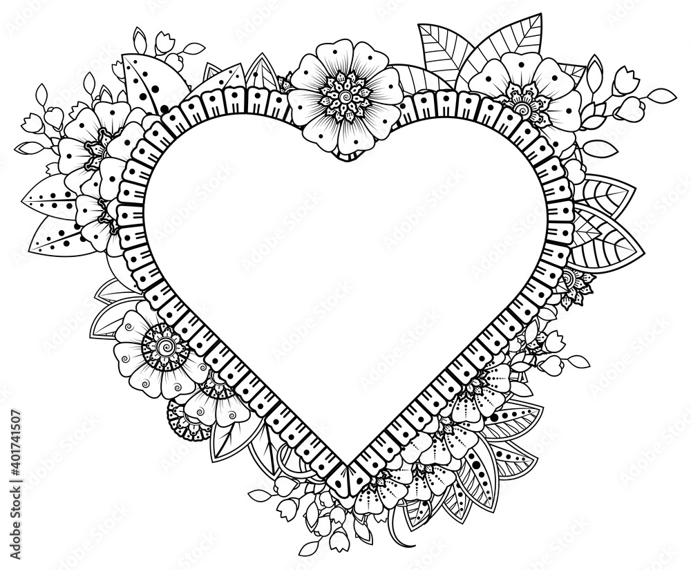Circular pattern in form of mandala with frame in shape of heart. Decorative ornament in ethnic oriental mehndi style. Circular pattern in form of mandala with frame in shape of heart. Decorative ornament in ethnic oriental mehndi style.