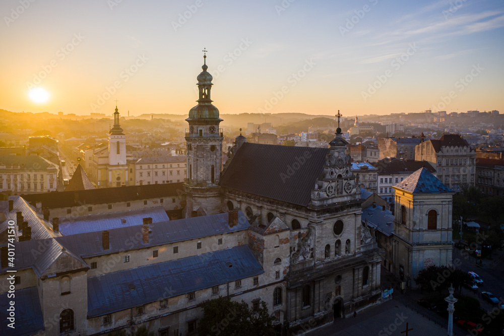 Fototapeta premium Aerial view on Bernardine church in Lviv from drone
