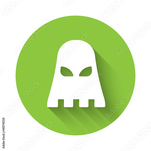 White Executioner mask icon isolated with long shadow. Hangman, torturer, executor, tormentor, butcher, headsman icon. Green circle button. Vector.