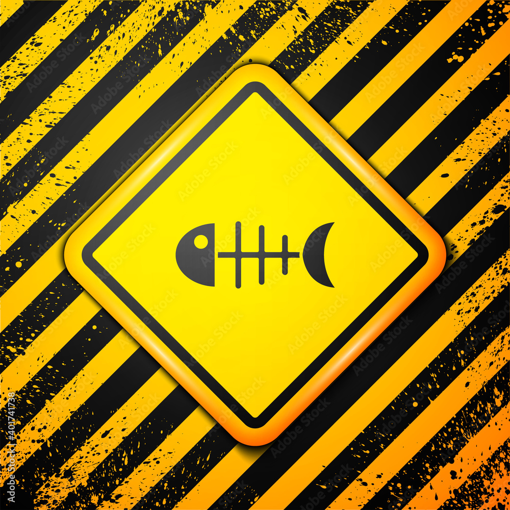 Black Fish skeleton icon isolated on yellow background. Fish bone sign. Warning sign. Vector. Black Fish skeleton icon isolated on yellow background. Fish bone sign. Warning sign. Vector.