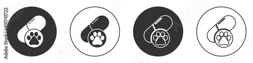 Black Dog pill icon isolated on white background. Prescription medicine for animal. Circle button. Vector.