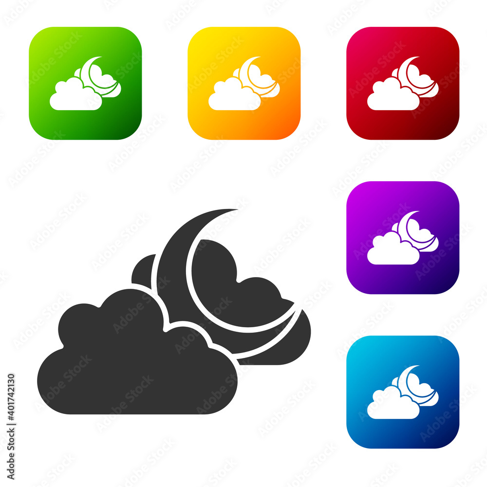 Black Cloud with moon icon isolated on white background. Cloudy night sign. Sleep dreams symbol. Night or bed time sign. Set icons in color square buttons. Vector.