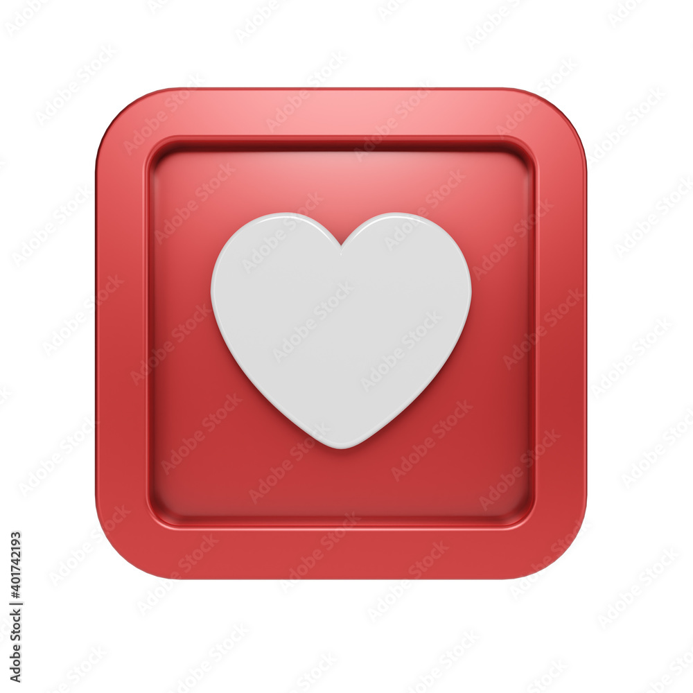 Set Like heart icon on a red pin isolated on white background. 3D render.