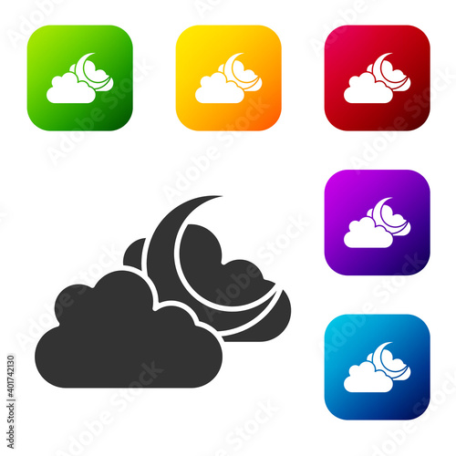 Black Cloud with moon icon isolated on white background. Cloudy night sign. Sleep dreams symbol. Night or bed time sign. Set icons in color square buttons. Vector.