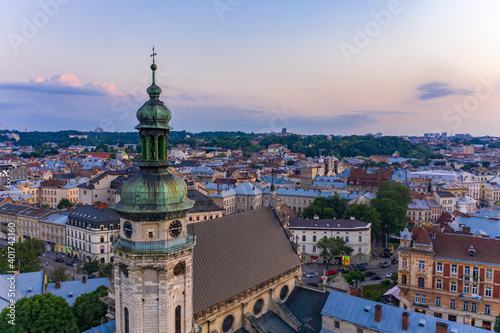 Aerial view on Bernardine church in Lviv from drone