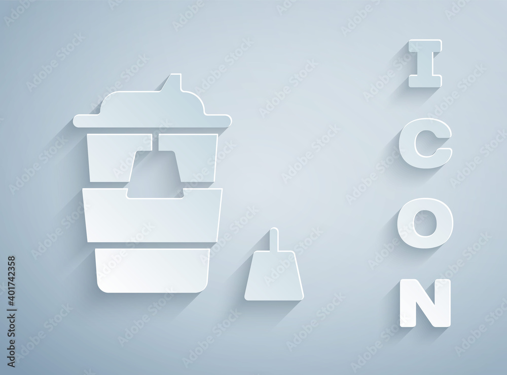 Paper cut Coffee cup to go icon isolated on grey background. Paper art style. Vector. Paper cut Coffee cup to go icon isolated on grey background. Paper art style. Vector.