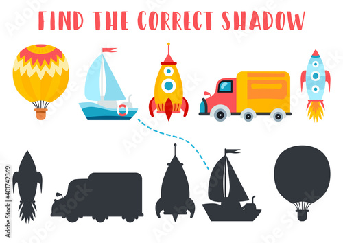 Find the correct shadow. Educational matching game for children. Kids learning game. Preschool worksheet activity. Cartoon transport car, rocket, aerostat, yacht, truck