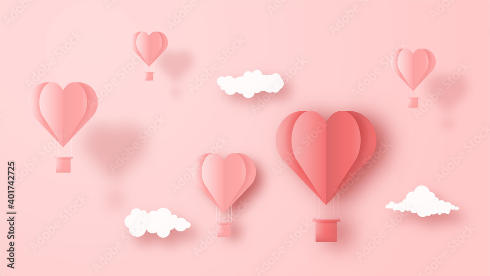 3D origami hot air balloon heart flying with cloud on sky background. Love concept design for happy mother's day, valentine's day, birthday day. Vector paper art illustration.