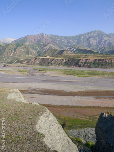 Colorful view on the Vakhsh valley and Vakhsh river, between Roghun dam and Garm, Tajikistan photo