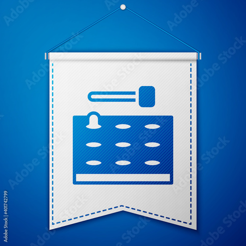 Blue Arcade game machine with hammer icon isolated on blue background. Amusement park attraction. White pennant template. Vector.