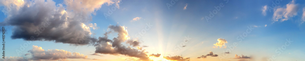 Fototapeta premium Dramatic panorama sky with cloud on sunrise and sunset time. Panoramic image.