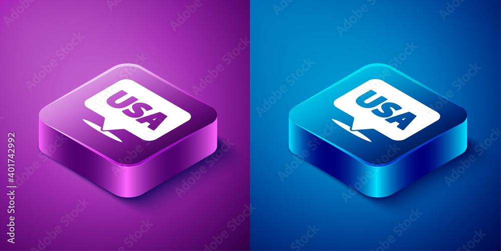 Isometric USA Independence day icon isolated on blue and purple background. 4th of July. United States of America country. Square button. Vector.