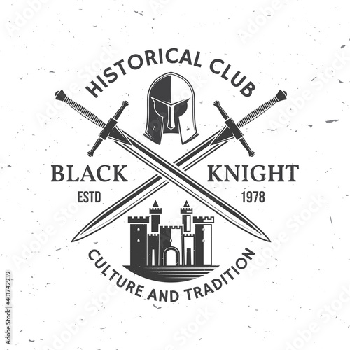 Black Knight historical club badge design. Vector illustration Concept for shirt, print, stamp, overlay or template. Vintage typography design with swords and castle silhouette.