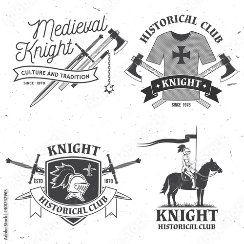 Set of knight historical club badge design Vector Concept for shirt, print, stamp, overlay or template. Vintage typography design with knight, knight on a horse, swords hauberk silhouette