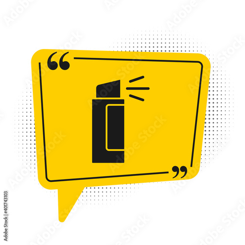Black Pepper spray icon isolated on white background. OC gas. Capsicum self defense aerosol. Yellow speech bubble symbol. Vector.